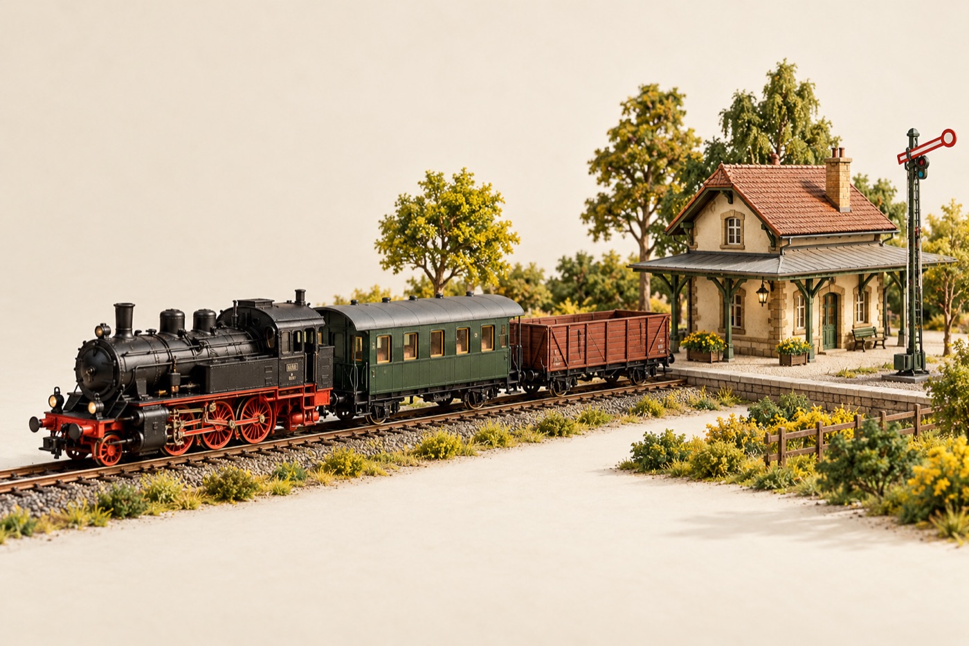 KI-generierte Illustration mit Dampflokomotive, Personenwagen, Güterwagen und Miniaturbahnhof